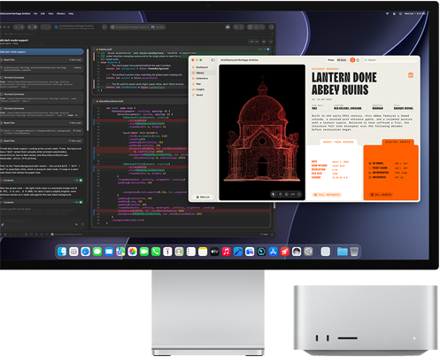 Studio Display XDR, på skärmen visas ett dokument som bearbetas i Claude Agent i XCode, Mac Studio, sedd framifrån