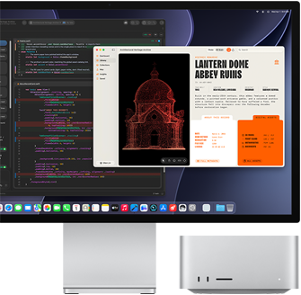 Studio Display XDR, på skärmen visas ett dokument som bearbetas i Claude Agent i XCode, Mac Studio, sedd framifrån