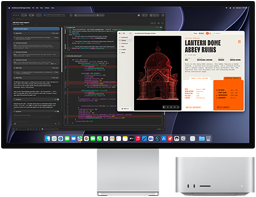 Studio Display XDR, på skärmen visas ett dokument som bearbetas i Claude Agent i XCode, Mac Studio, sedd framifrån