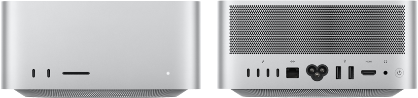 Mac Studio i silver sedd framifrån med två usb-c-portar, SDXC-kortplats, statuslampa, avsmalnande bottensockel, platt ovansida, rundade hörn och raka kanter. Mac Studio sedd bakifrån med perforerade ventilationshål i aluminium, fyra Thunderbolt 5-portar, en Ethernet-port, ett strömuttag, två usb-a, en HDMI-port, ett hörlursuttag och en strömknapp
