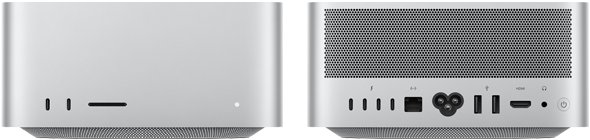 Mac Studio i silver sedd framifrån med två usb-c-portar, SDXC-kortplats, statuslampa, avsmalnande bottensockel, platt ovansida, rundade hörn och raka kanter. Mac Studio sedd bakifrån med perforerade ventilationshål i aluminium, fyra Thunderbolt 5-portar, en Ethernet-port, ett strömuttag, två usb-a, en HDMI-port, ett hörlursuttag och en strömknapp
