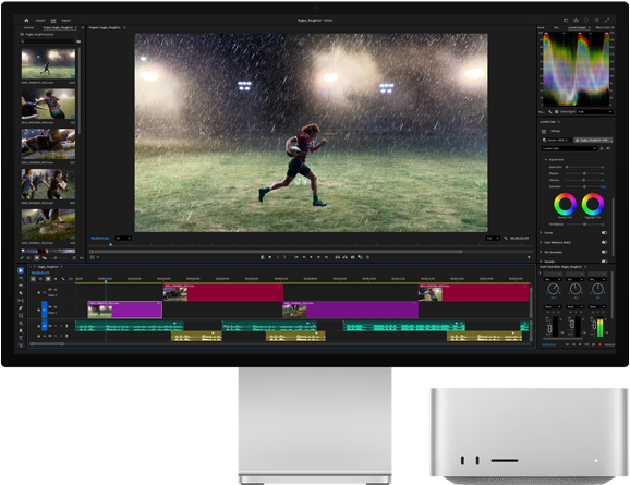 Studio Display XDR med inbyggt stativ, Mac Studio passar in under skärmen, på skärmen visas ett arbetsflöde med videoredigerings- och färggraderingsverktyg