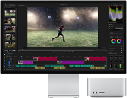 Studio Display XDR med inbyggt stativ, Mac Studio passar in under skärmen, på skärmen visas ett arbetsflöde med videoredigerings- och färggraderingsverktyg