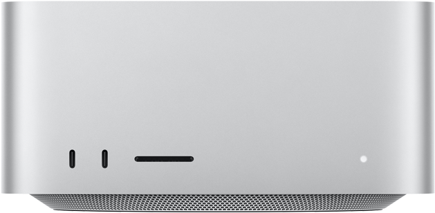 Mac Studio i silver sedd framifrån med två usb-c-portar, SDXC-kortplats, statuslampa, avsmalnande bottensockel, platt ovansida, rundade hörn och raka kanter