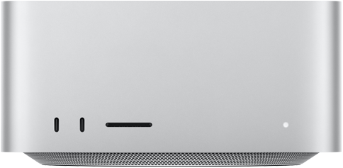 Mac Studio i silver sedd framifrån med två usb-c-portar, SDXC-kortplats, statuslampa, avsmalnande bottensockel, platt ovansida, rundade hörn och raka kanter