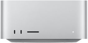Mac Studio i silver sedd framifrån med två usb-c-portar, SDXC-kortplats, statuslampa, avsmalnande bottensockel, platt ovansida, rundade hörn och raka kanter