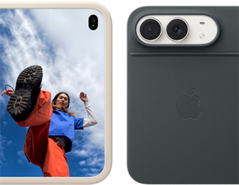 iPhone Duo, stjärnvit i silikonskal i färgen sand, liggande läge, helt öppen, Fusion-dubbelkamera uppe till vänster, skalet täcker baksidan och skärmens yttre kant, på höger sida visas ett porträtt av en person på den yttre skärmen. iPhone Duo, i färgen stjärnvit, uppställd med marinblått fodral med utfällbart stöd, helt öppen i liggande läge, baksidan med 48 MP Fusion-dubbelkamera, två objektiv