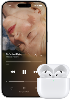 iPhone intill AirPods i laddningsetui, etuiet är öppet