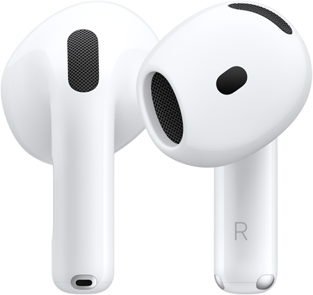 AirPods 5, sedda framifrån och bakifrån för att visa designen