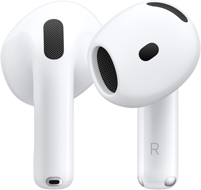 AirPods 5, sedda framifrån och bakifrån för att visa designen