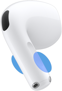 Utsidan av en AirPods 5-öronsnäcka. Blå cirklar visar var du ska trycka på skaftet för att justera volymen.