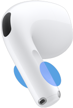 Utsidan av en AirPods 5-öronsnäcka. Blå cirklar visar var du ska trycka på skaftet för att justera volymen.