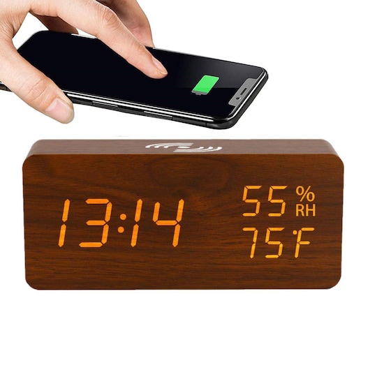 Digital LED väckarklocka med trådlös laddare - brun - Elgiganten