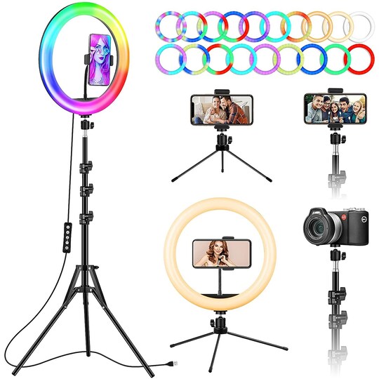 LED RGB Ring Light 30cm diameter med mobilhållare med tripod och golvstativ  5 steg dimbar 19 ljusläge selfie lampa ring lampa ring ljus - Elgiganten