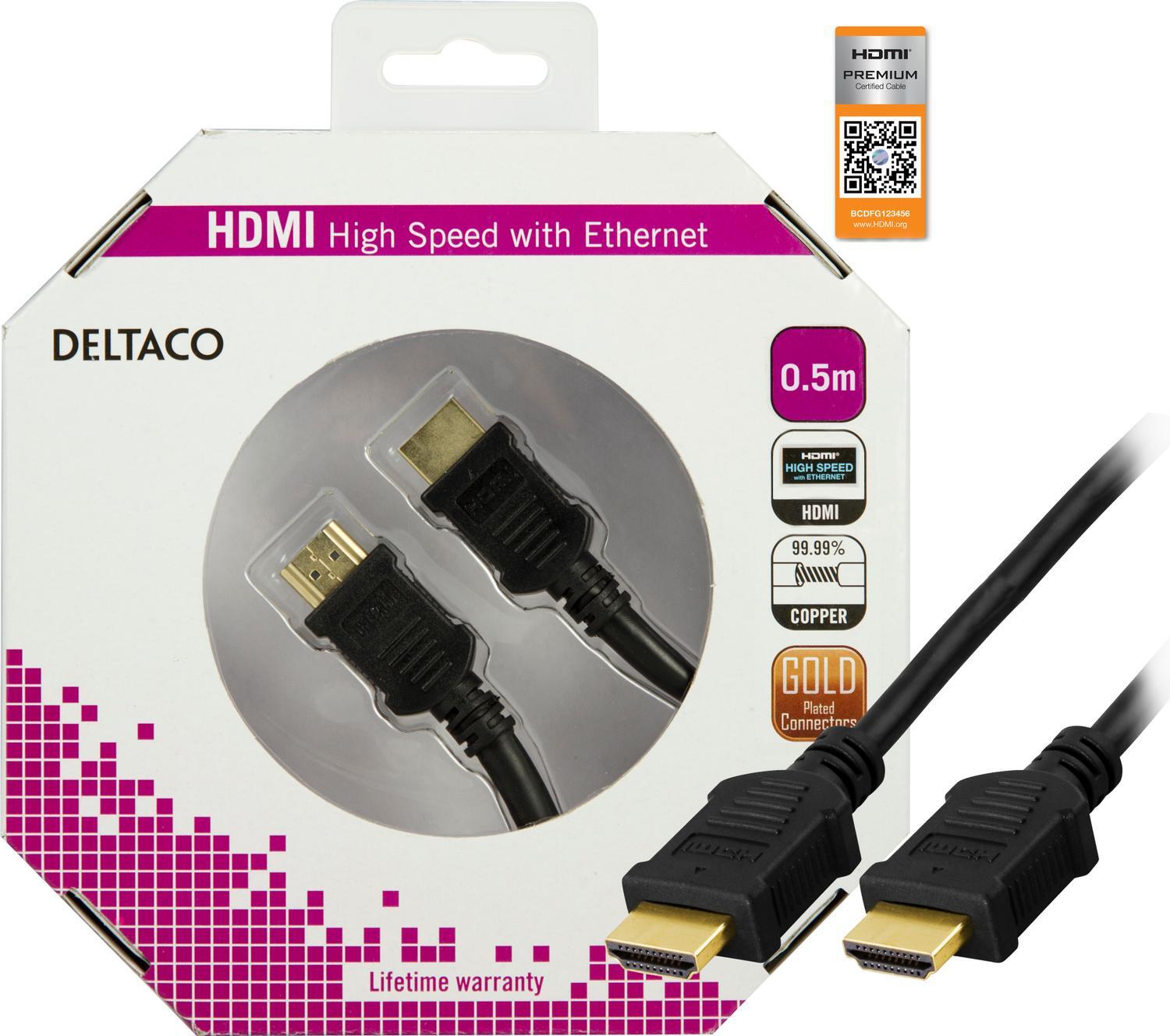DELTACO Premium High Speed HDMI kabel, 4K i 60Hz, HDR, 0,5m, svart -  Elgiganten