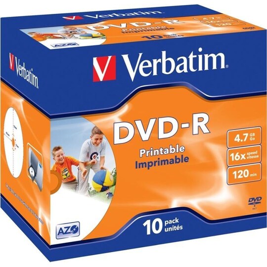 Verbatim DVD-R, 16x, 4,7 GB/120 min, 10-pack jewel case printable matt  (43521) - Elgiganten
