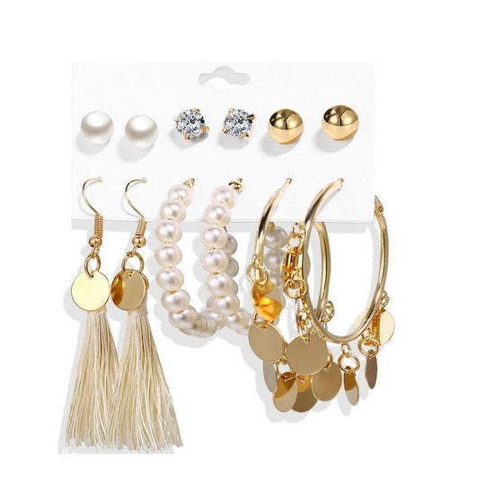 6 par örhängen, olika modeller - guldigt/pärlor - Elgiganten