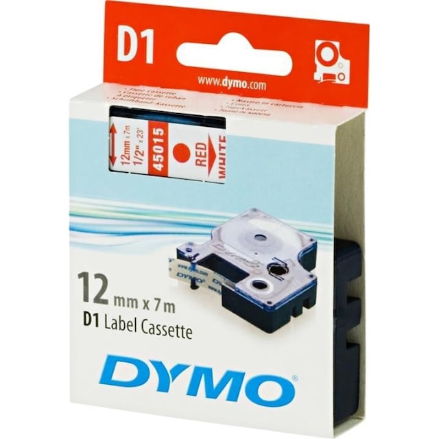 DYMO D1 märktejp standard 12mm, rött på vitt, 7m rulle (45015)