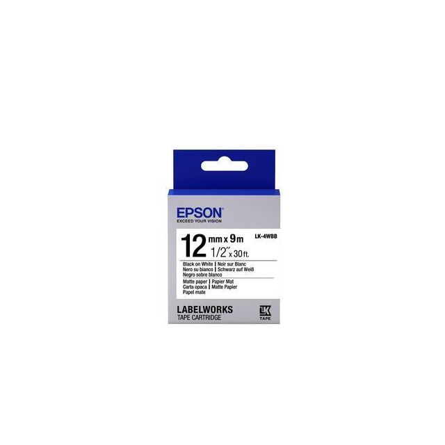 Epson etikettkassett matt papper – LK-4WBB matt papper svart/vit 12/9,