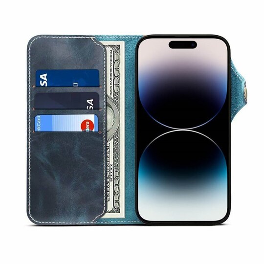 Mobilplånbok 3-kort äkta läder Apple iPhone 14 Pro - Blå - Elgiganten