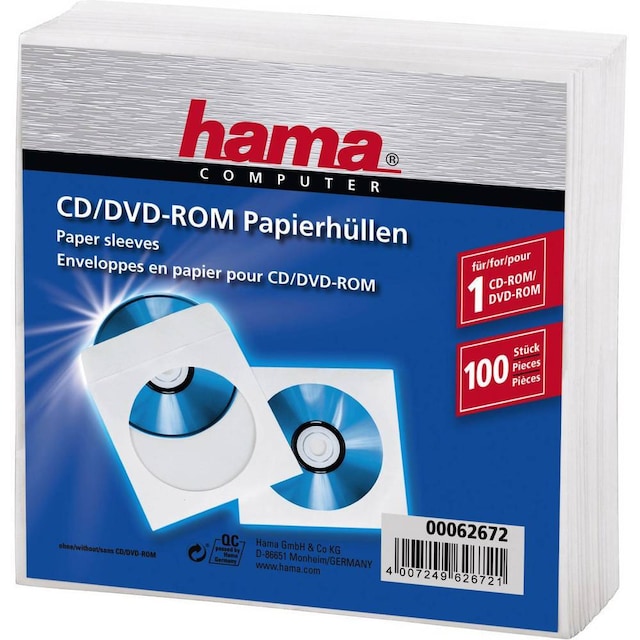 Hama CD-fodral 1 CD/DVD/Blu-Ray Papper Vit 100 st (B x