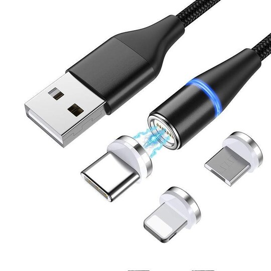 NÖRDIC USB2.0 Magnet kabel 3i1 Lightning(Non MFI), USB-C Micro USB 1m3A  svart - Elgiganten