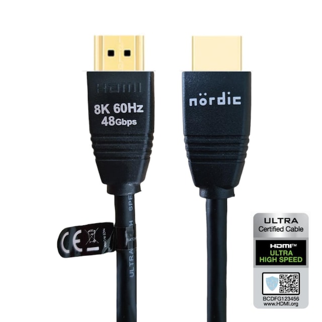 NÖRDIC CERTIFIED CABLES 1m Ultra High Speed HDMI2.1 8K 60Hz 4K 120Hz 144Hz 48Gbps Dynamic HDR eARC Game Mode VRR Dolby ATMOS guldpläterad PVC svart