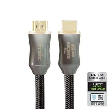 NÖRDIC CERTIFIED CABLES 1m Ultra High Speed HDMI 2.1 8K 60Hz 4K 120Hz 48Gbps Dynamic HDR eARC VRR nylonflätad kabel guldpläterad extra slitstark