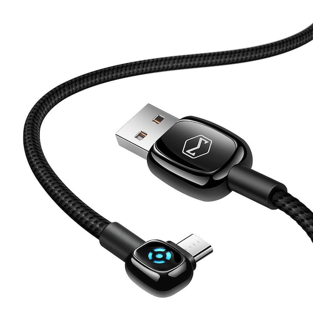 Mcdodo CA-5930 Vinklad Micro USB till USB A kabel för synkning och snabb laddning, LED-indikator, automatisk laddstopp, svart, 1m