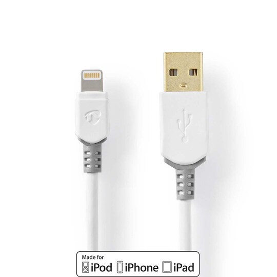 Lightning Kabel | USB 2.0 | Apple Lightning, 8-stifts | USB-A Hane | 480  Mbps | Guldplaterad | 1.00 m | Rund | PVC | Grå / Vit | Kartong med fönster  - Elgiganten