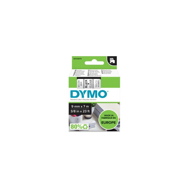 DYMO D1 märktejp standard 9mm, svart på transparent, 7m rulle (40910)