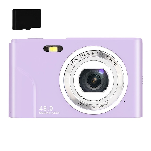 Digitalkamera med 48 MP, HD 1080p, 16x zoom, 32GB minneskort Lila
