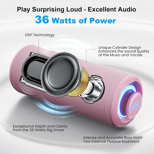 Bluetooth-högtalare 36W bärbar högtalare med stereoljudbas, Bluetooth 5.3  trådlös IP7x vattentät högtalare Rosa - Elgiganten