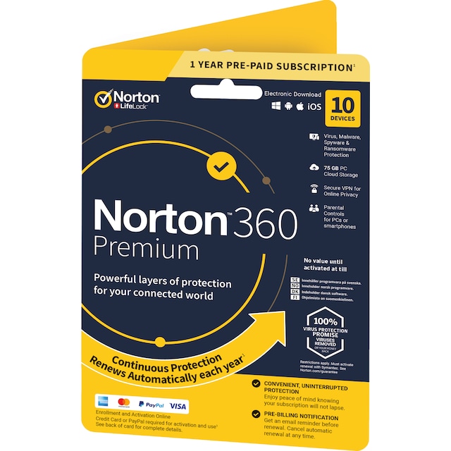 Norton 360 Premium antivirusprogram - 10 enheter (onlineprenumeration)
