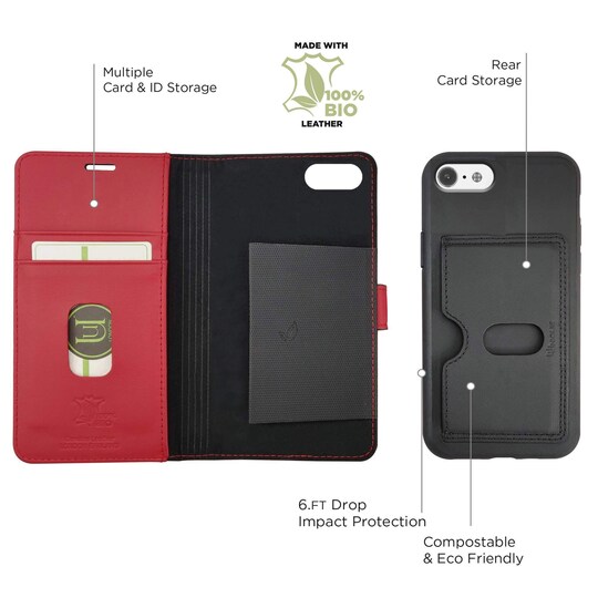 Miljövänliga Äkta Läder iPhone SE/8/7/6 2 in 1 plånbok mobilskal -  Black/Red - Elgiganten