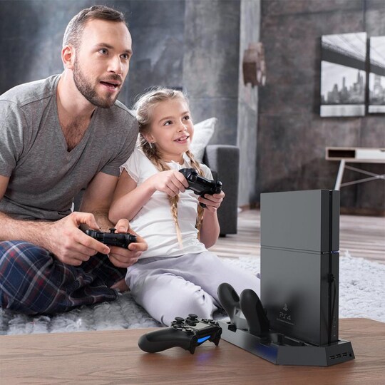 PS4/PS4 Slim vertikalt stativ med kylfläkt, laddstation, USB Hub -  Elgiganten