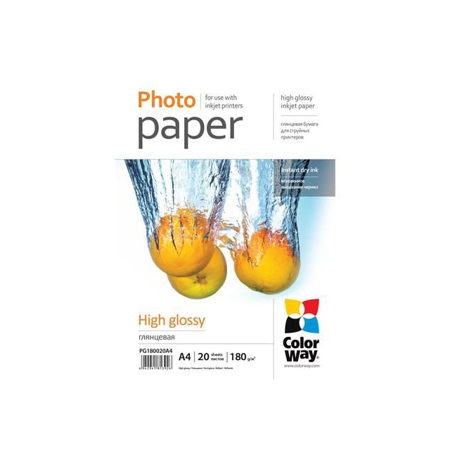 ColorWay fotopapper 20 st. PG180020A4 Glansig, vit, A4, 180 g/m²