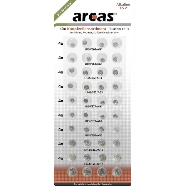 Arcas Knappcells-set Vardera 8x AG1, AG3, AG4, AG13,