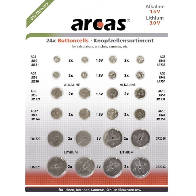 Arcas Knappcells-set Vardera 2x AG1, AG3, AG4, AG5,