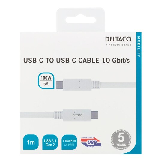 deltaco USBC USBC cable 1m USB 3.1 Gen 2 Emarker chipset white - Elgiganten