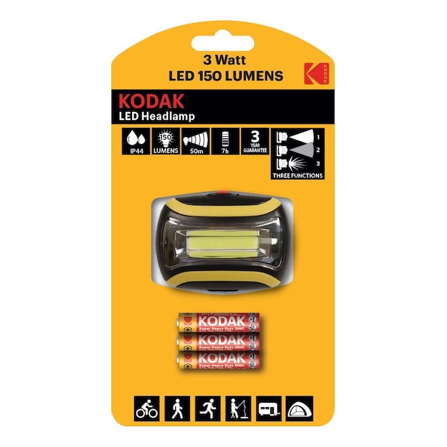 Kodak LED Headlamp, 150lm, 3 lägen, 3W enkel LED, IP44, svart