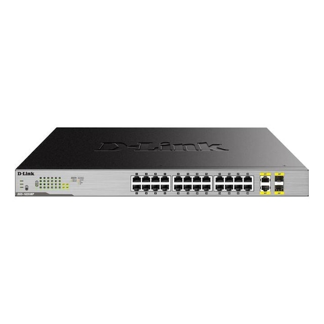 D-Link nätverksswitch, 24xRJ45, 2xSFP, Gigabit, PoE, 370W, grå