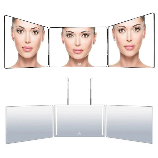 Spegel 360-graders vy 3-sidor infällbar frisörspegel LED-ljus