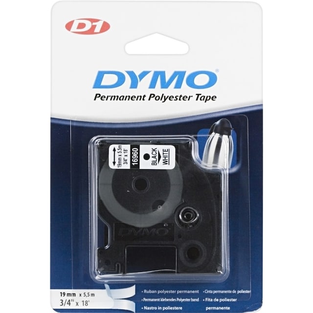 DYMO D1 märktejp perm polyester 19mm, svart på vitt, 5.5m rulle (S0718070)