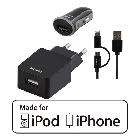 DELTACO USB laddkit, billaddare, väggladdare, USB kabel, MFi, svart -  Elgiganten