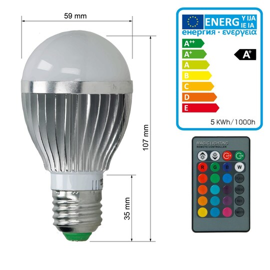 ECD Germany 6-pack E27 LED-lampa RGB 5W dimbar AC 220-240V 16 färger 417  lumen - Elgiganten
