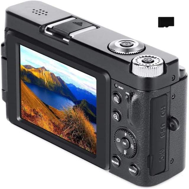 Digitalkamera med 48 MP, HD 1080p, 16x zoom, flip screen, 32GB minnesk