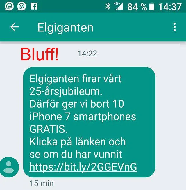 Exempel på bluff-sms med texten "Bluff" i rött. 