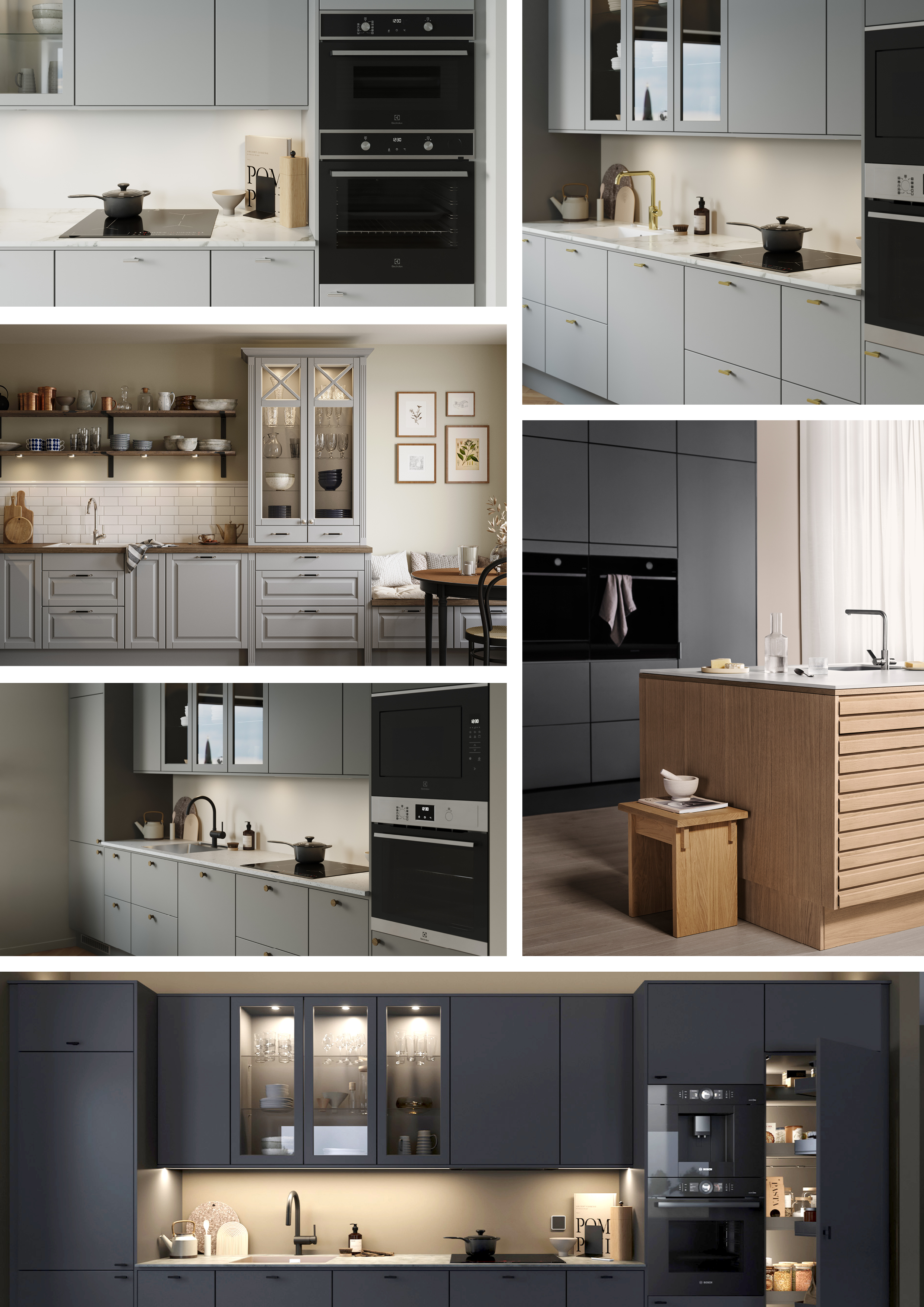 Epoq grey kitchen - Picture collage with grey coloured Epoq Trend, Epoq Pure, Epoq Heritage, Epoq Integra kitchens
