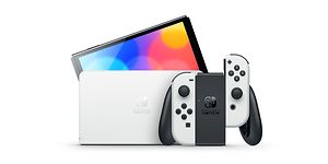 Vit Nintendo Switch OLED model med tillbehör.